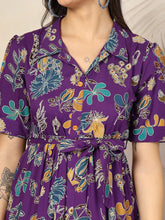 Purple Viscose Rayon Colorful Floral Print Midi Dress